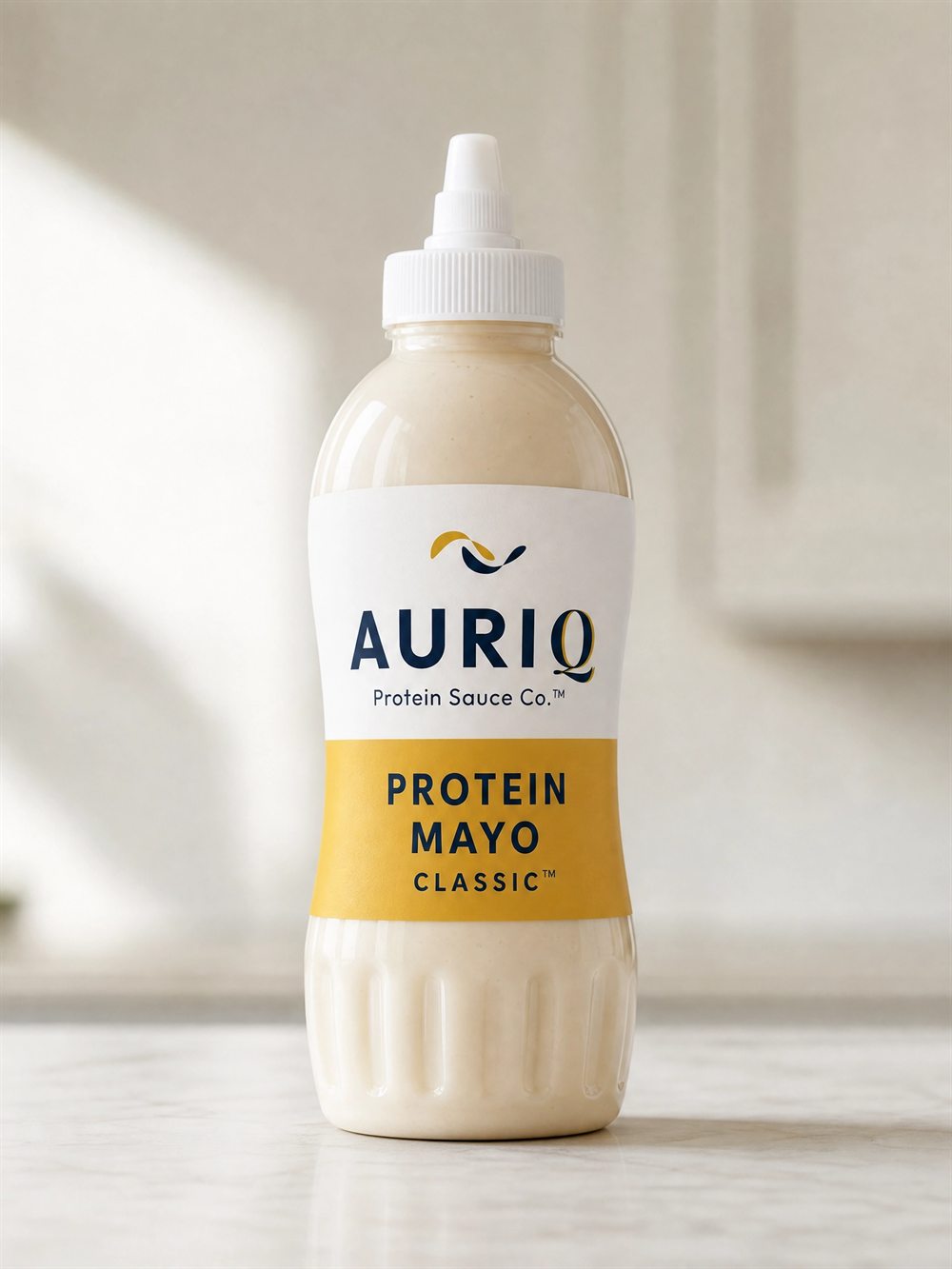 AURIQ Protein Mayo Classic squeeze bottle on a kitchen counter