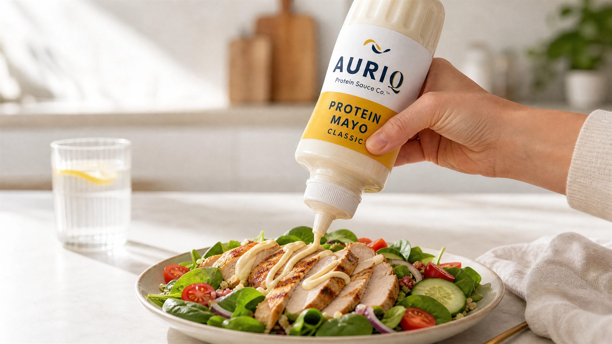 AURIQ Protein Mayo Classic squeeze bottle drizzled over a fresh chicken salad in a bright kitchen